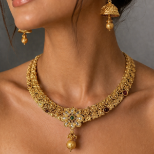 Antique Gold-Tone Floral Choker with Jhumka Earrings