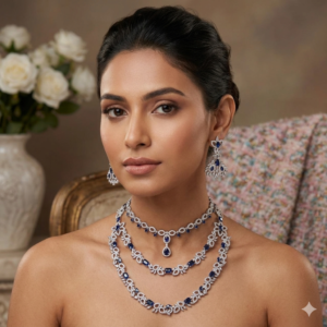 Midnight Royale Triple-Strand Sapphire & Diamond-Simulant Layered Statement Set