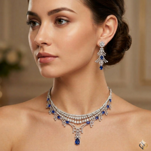 Royal Sapphire and Diamond-Simulant Bridal Jewelry Set in Sterling Silver